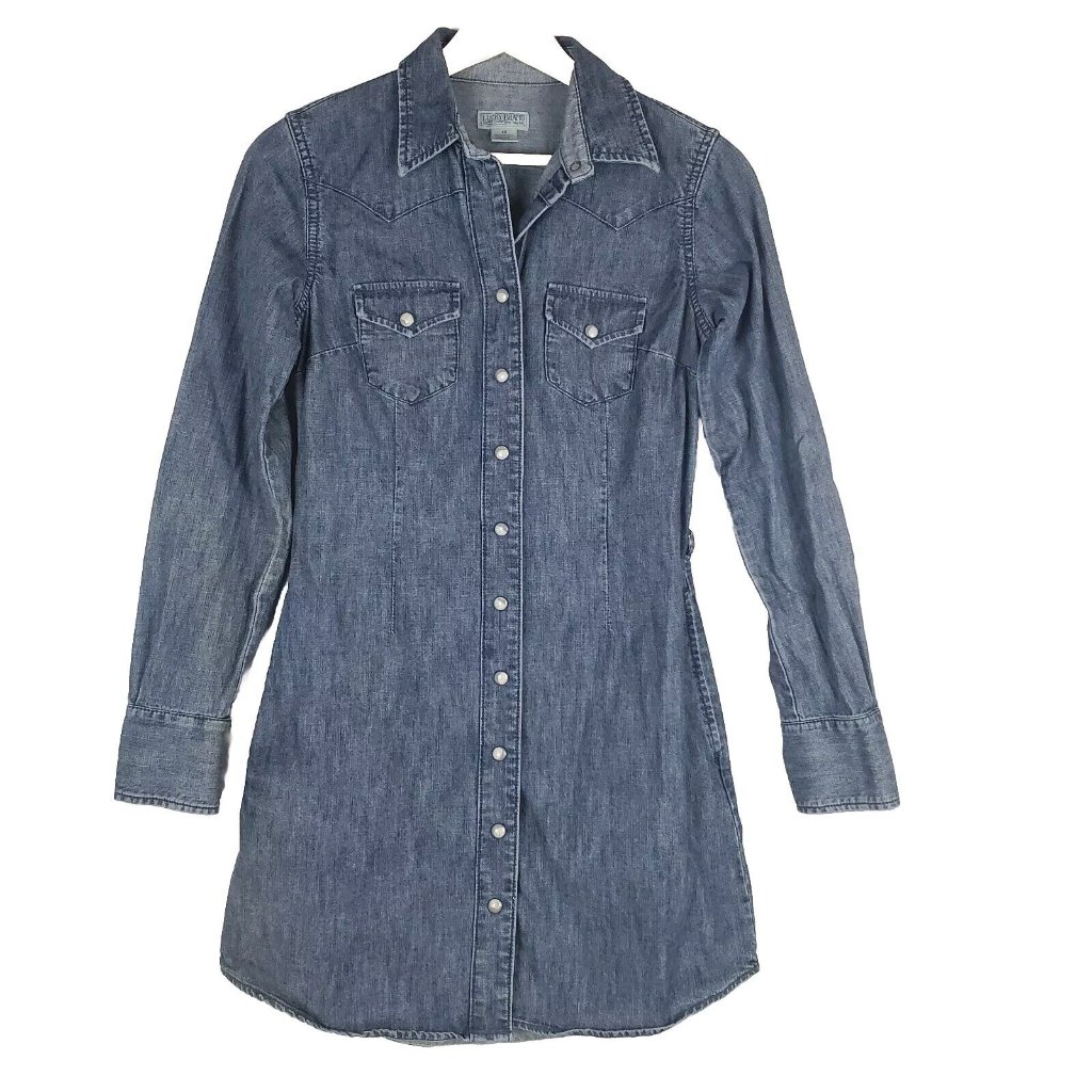Lucky Brand Shirt Dress Womens Xsmall Blue Cotton Denim Pearl Snap Western Flaw